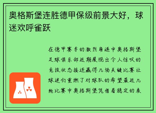 奥格斯堡连胜德甲保级前景大好，球迷欢呼雀跃